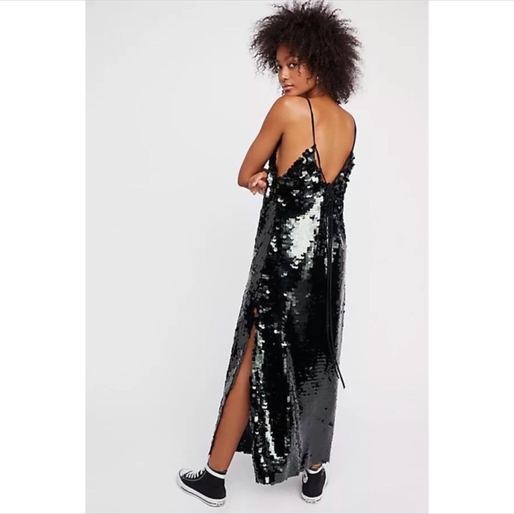 Free People Sequin Maxi Dress Slit Lace Up Back